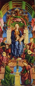Cosmè Tura: Polittico di Roverella - Madonna col Bambino in trono, cm. 239 x 102, National Gallery di Londra.